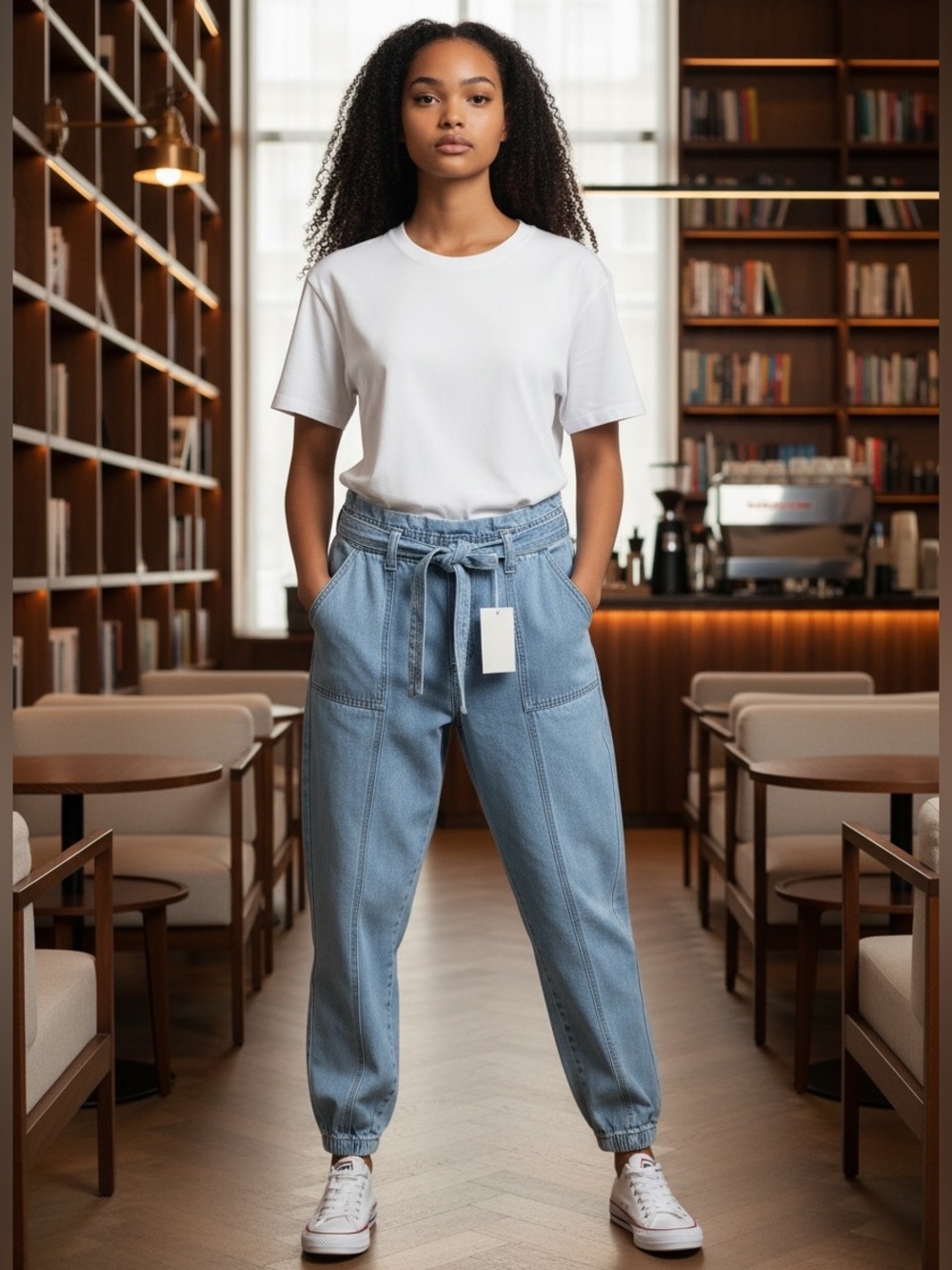KanCan Light Blue Paperbag Waist Denim Joggers with Tie Belt